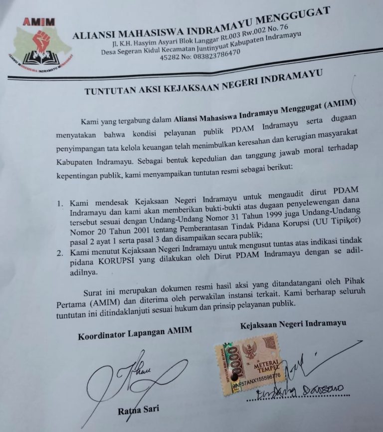 Potret Tuntutan Aksi Aliansi Mahasiswa Indramayu (AMIM) ke Kejaksaan Negeri Indramayu (Ist).