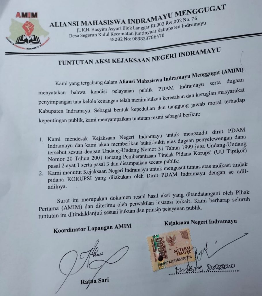 Potret Tuntutan Aksi Aliansi Mahasiswa Indramayu (AMIM) ke Kejaksaan Negeri Indramayu (Ist).