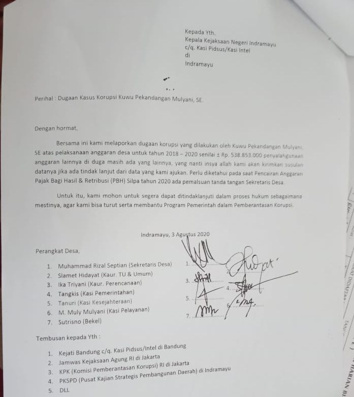 Potret surat pelaporan Kejaksaan Negeri Indramayu (Ist).